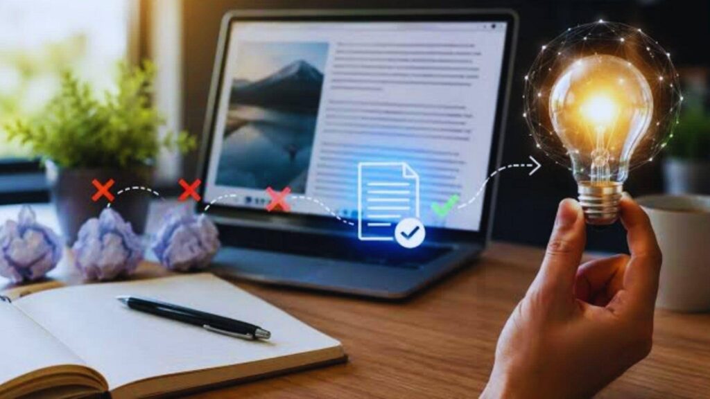Creative unique content creation process from failed drafts to approved idea for SEO optimized article 