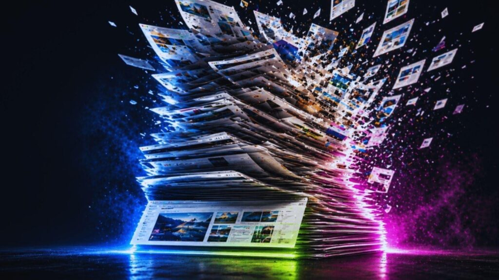 Laptop displaying explosive content indexing with hundreds of web pages for mass SEO content publication