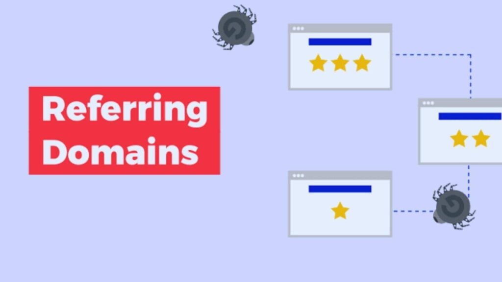 Red Referring Domains label with connected websites rated by stars and crawling search bots